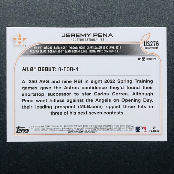 Jeremy Pena RC - 2022 Topps Update RD #US276 - Picture 2 of 2